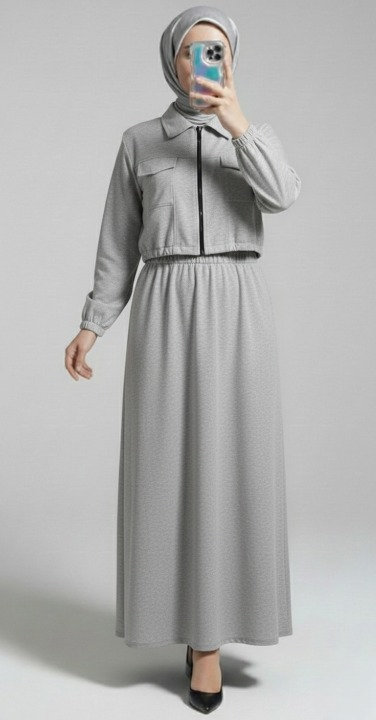 Stylish 2 piece long frock maxi dress matching zipper Jacket premium quality
